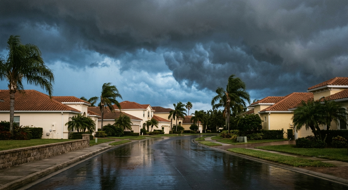 Dramatic storm clouds gathering over a Gulf Coast Florida residential street.