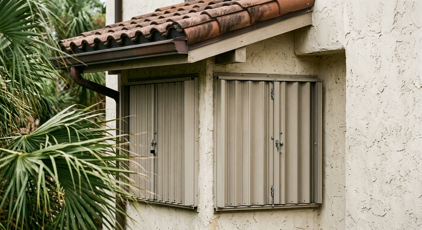 Architectural detail of a Gulf Coast Florida home with hurricane storm shutters and a tile roof eave, framed by palm fronds.