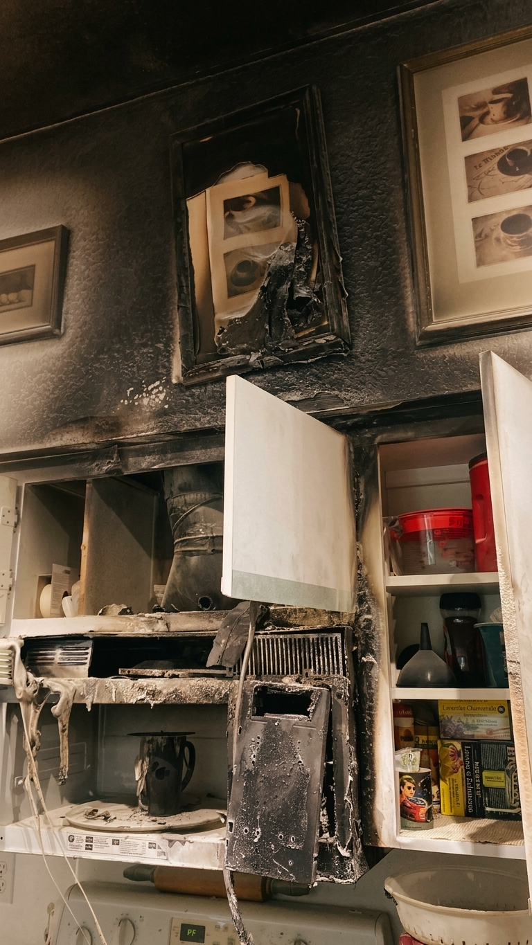 Documentary photo of fire and smoke damage to kitchen cabinetry.