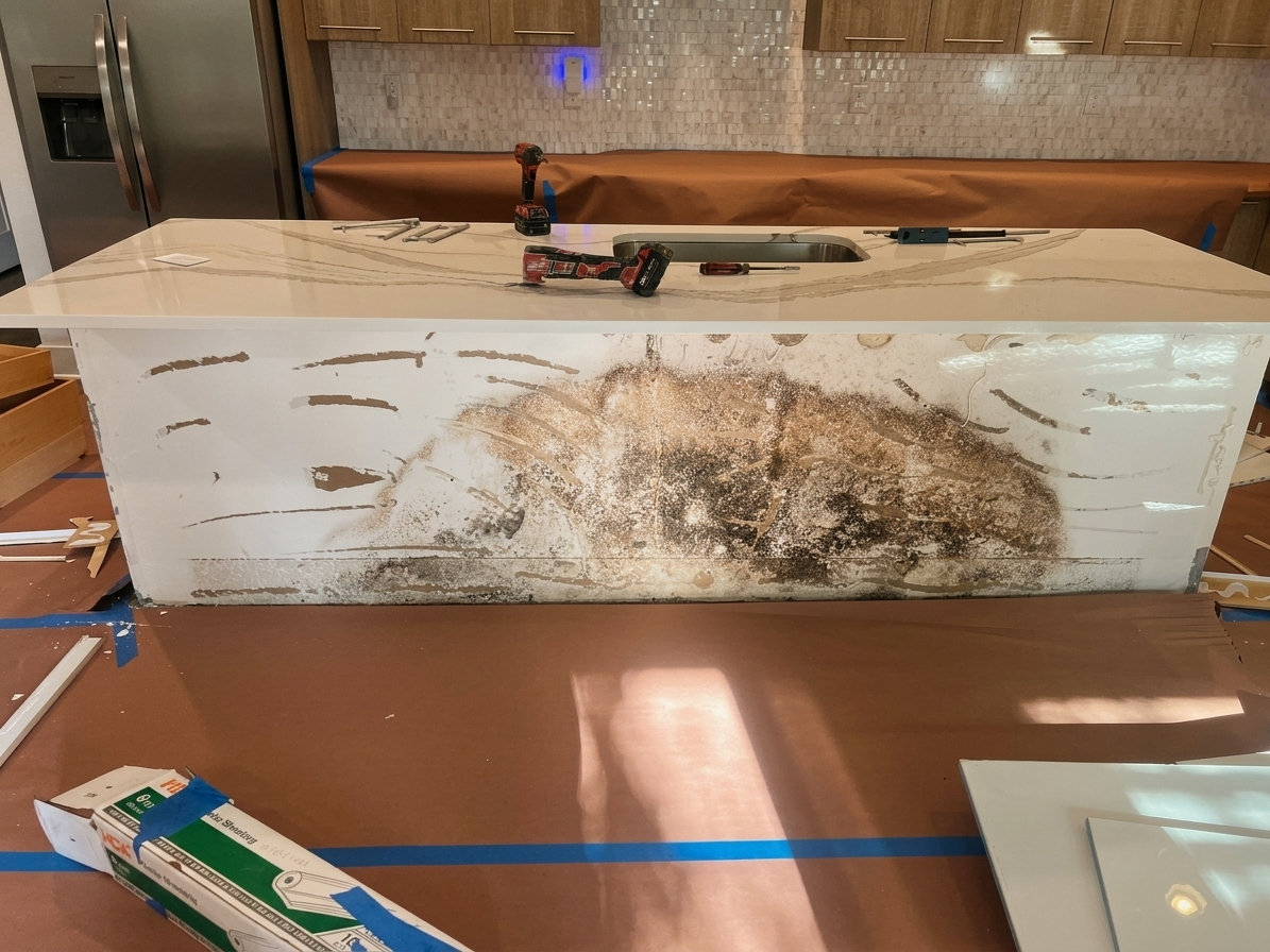 Documentary photo of active mold growth on a kitchen island edge.