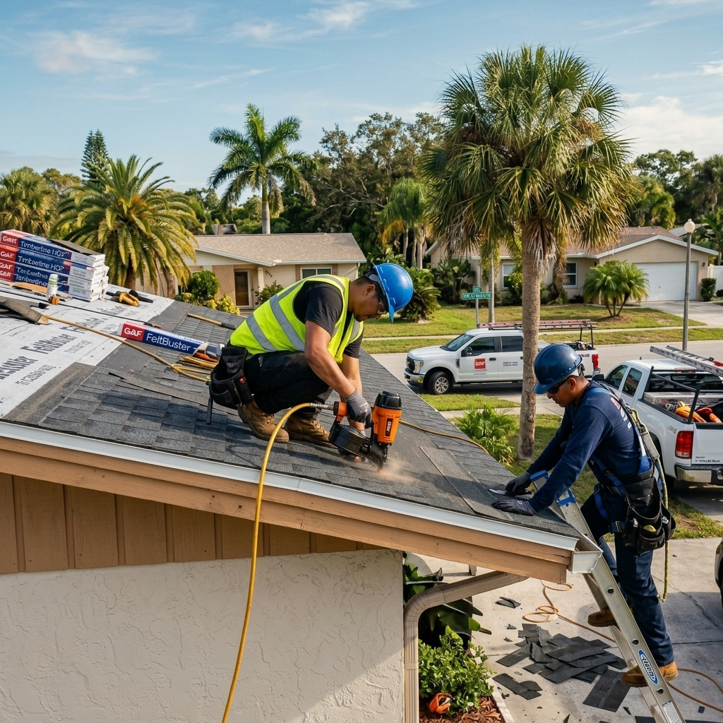 Documentary photo of the crew repairing storm-damaged roof shingles.