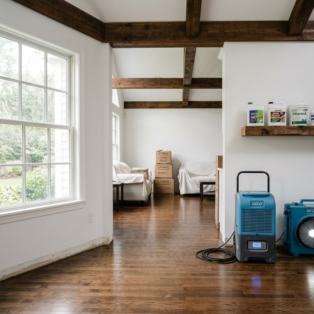Documentary photo of industrial dehumidifiers and air movers during water damage mitigation.