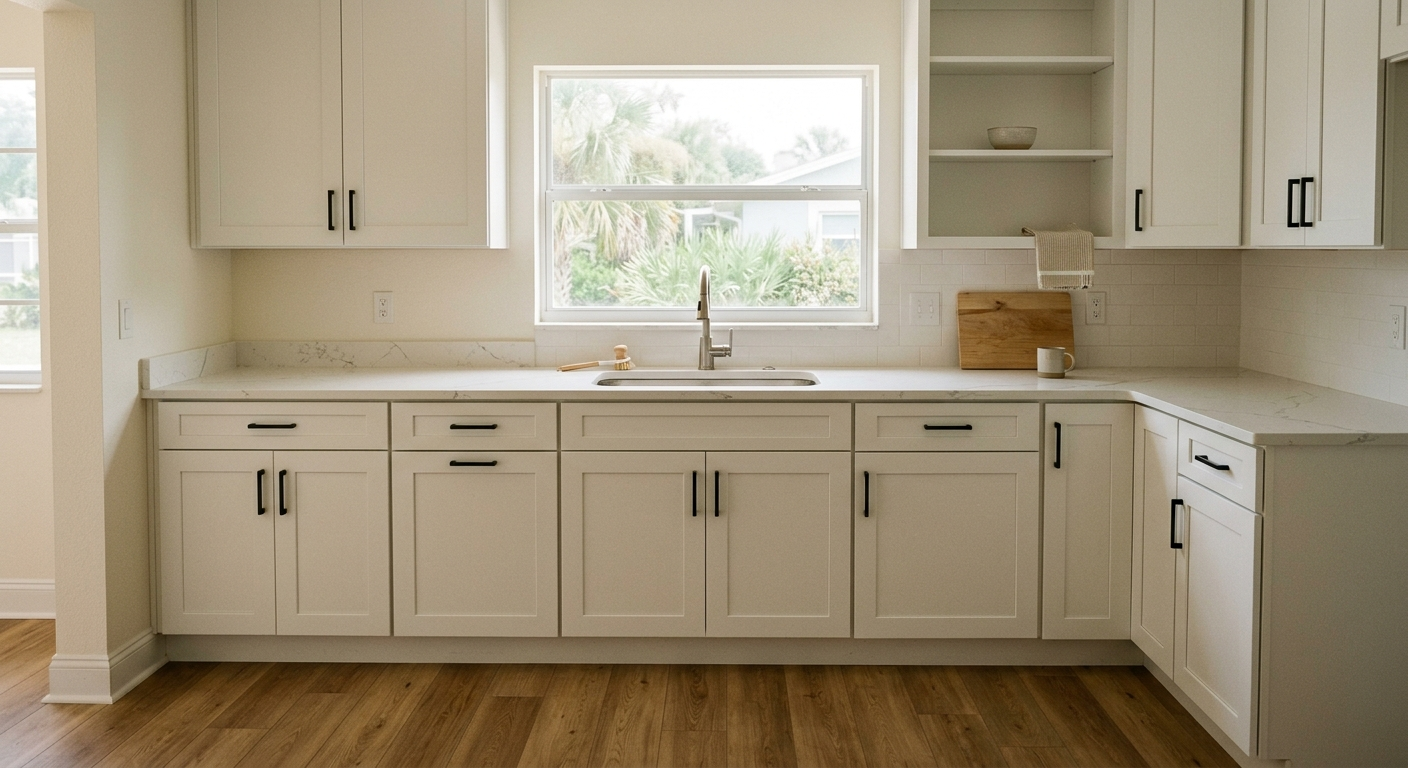 Illustrative after scene: the same kitchen fully restored with bright new cabinetry, quartz counters, and fresh flooring.