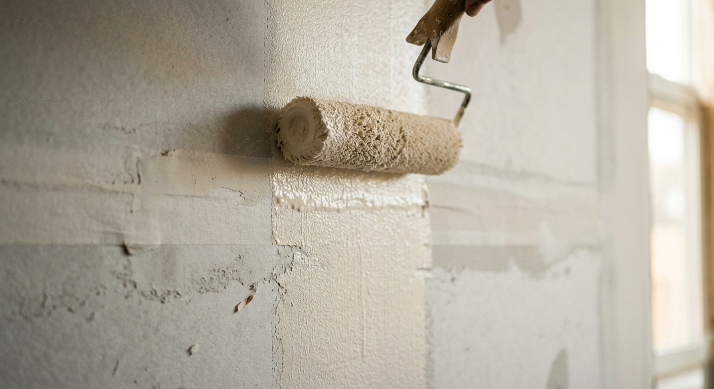 Close-up of fresh drywall being painted during the renovation process.